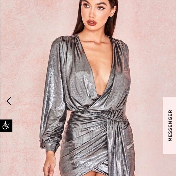 House of CB ALVONA METALLIC SILVER DRAPE MINI DRESS - Picture 4 of 16